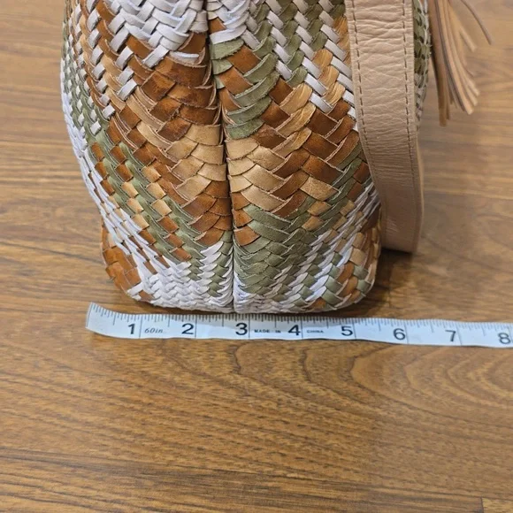 Genuine Leather Woven Bucket Bag Boho Tassel Drawstring Convertible Crossbody - Picture 8 of 12